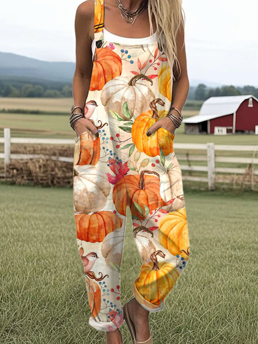 Women's  Autumn Pumpkin Vintage Art Print Casual 100% Cotton Wide Leg Jumpsuit