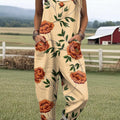 Women's Lovely Flowers Pattern Art Print Casual 100% Cotton Wide Leg Jumpsuit