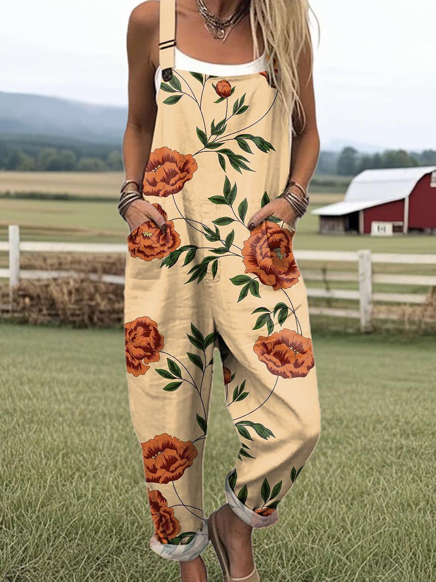 Women's Lovely Flowers Pattern Art Print Casual 100% Cotton Wide Leg Jumpsuit