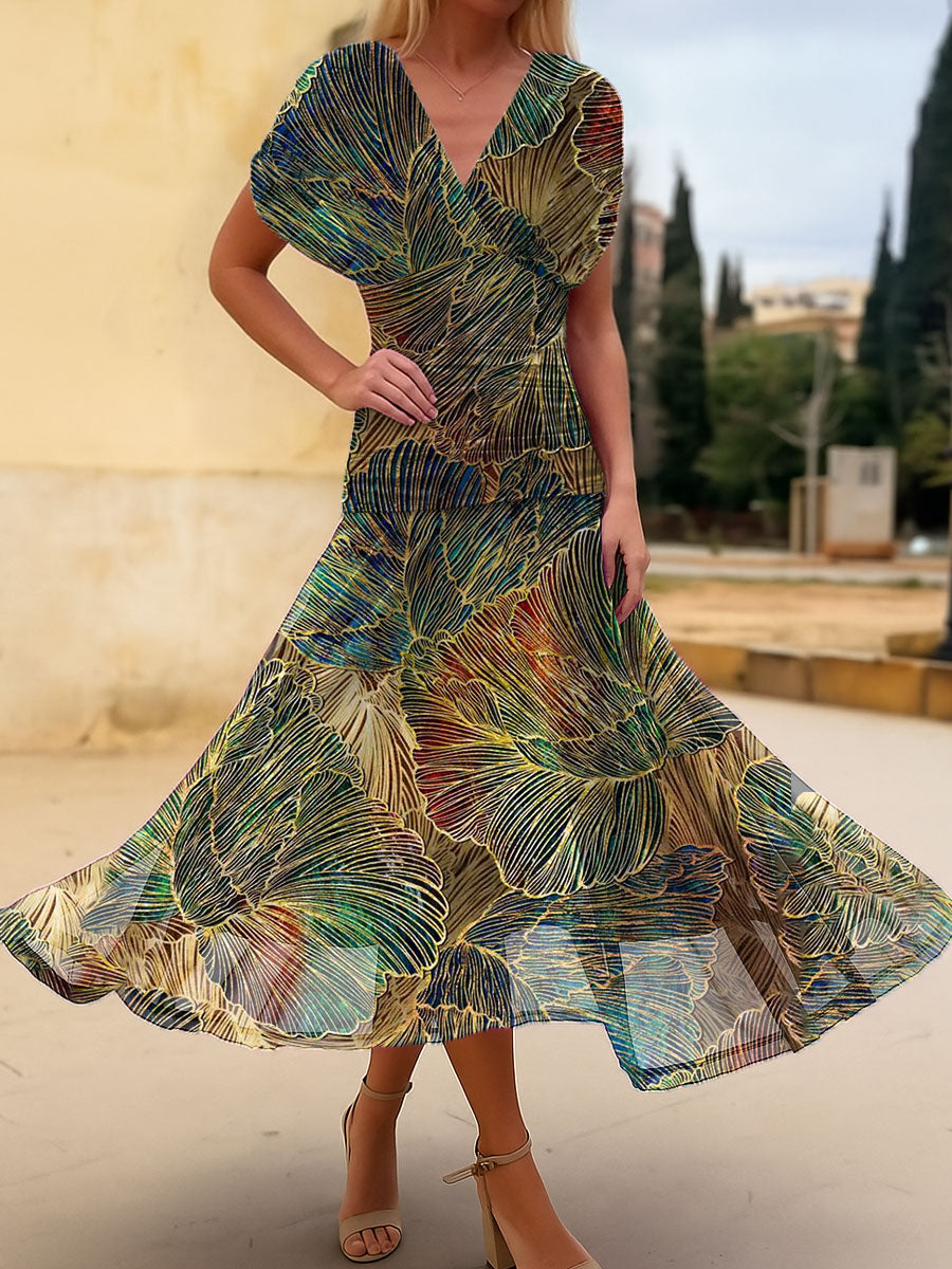 Women's Vintage Flower Art Print  Flowy Casual Dress