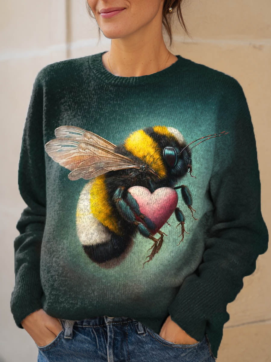 womens-lovely-bee-pattern-art-print-knit-pullover-sweater