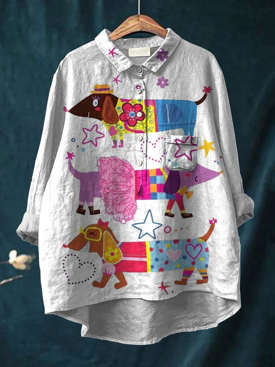 Women's Dachshund Art Print Casual Cotton And Linen Shirt