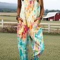 Women's Fashion Color Block Art Print Casual 100% Cotton Wide Leg Jumpsuit