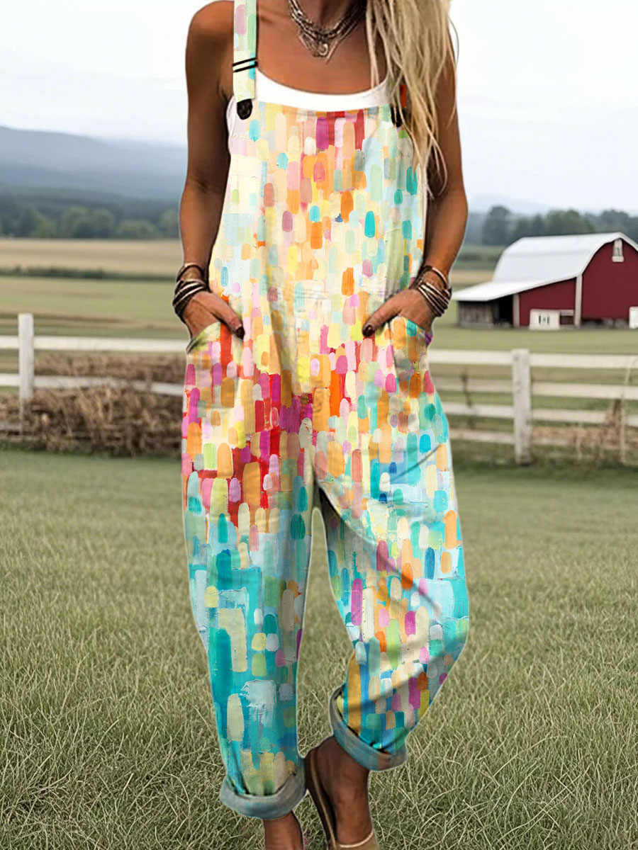 Women's Fashion Color Block Art Print Casual 100% Cotton Wide Leg Jumpsuit