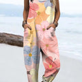 Women's Colourful Art Flowers Print Casual 100% Cotton Wide Leg Jumpsuit