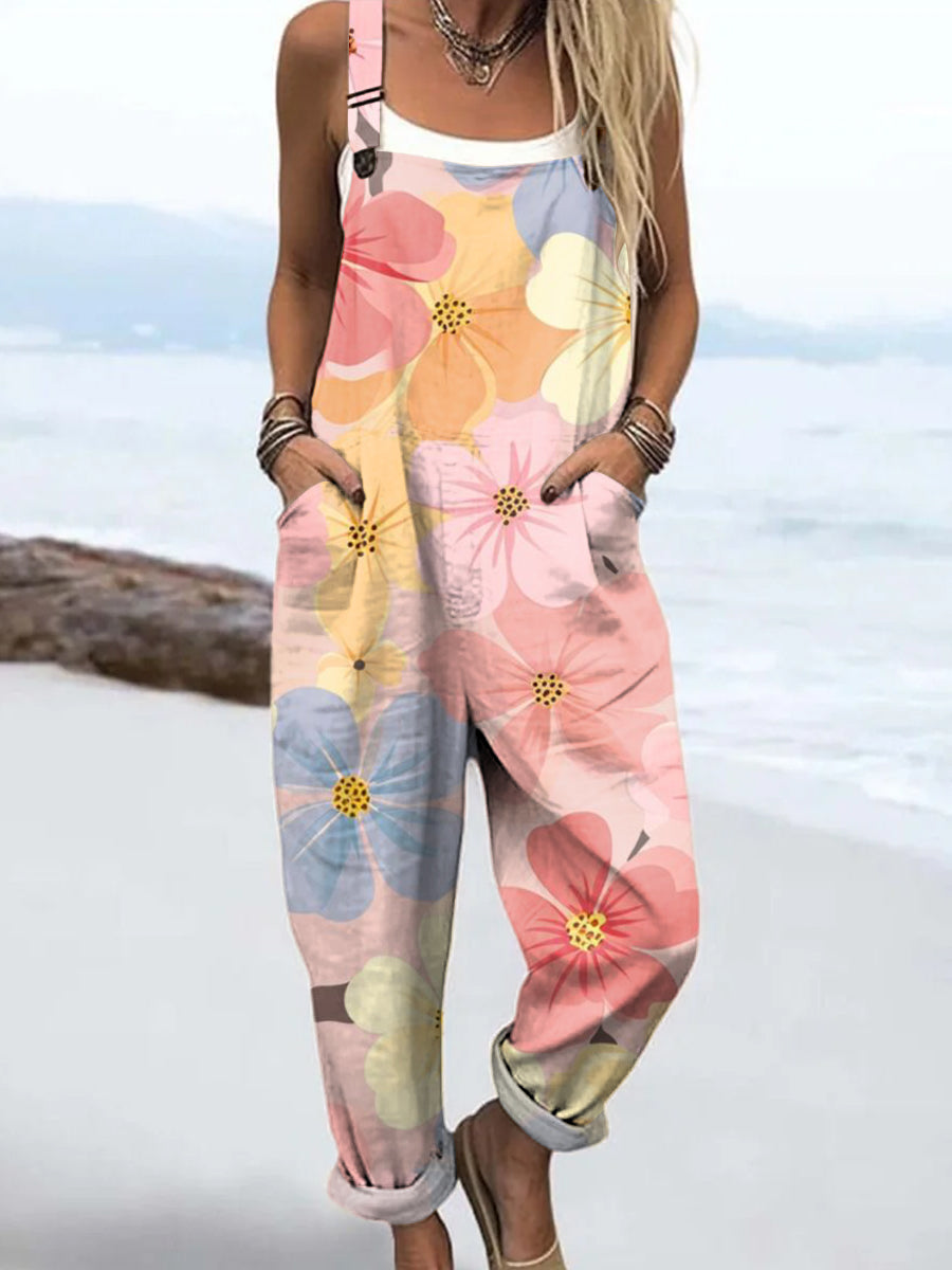 Women's Colourful Art Flowers Print Casual 100% Cotton Wide Leg Jumpsuit
