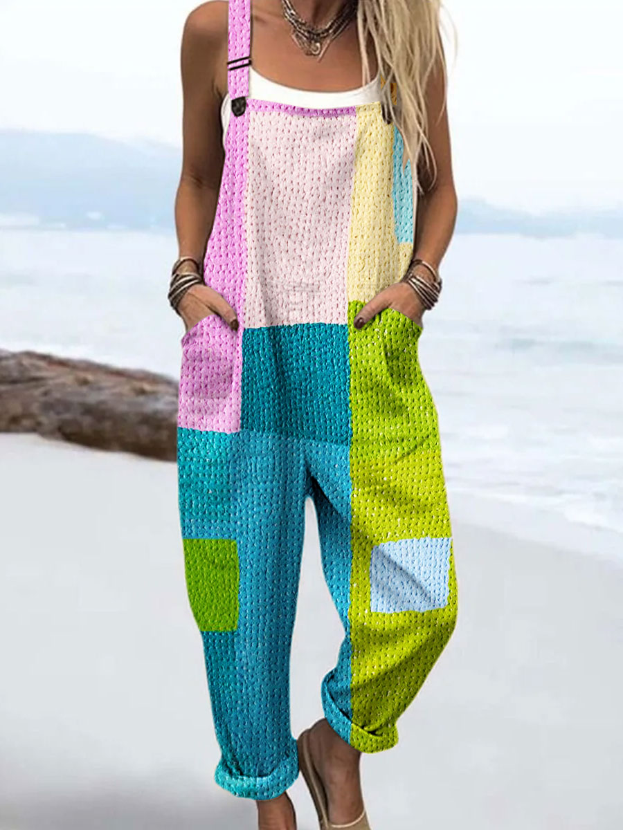 Women's Vintage Abstract Geometric Line Art Print Casual 100% Cotton Wide Leg Jumpsuit