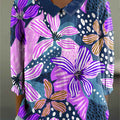Women's Abstract Floral Pattern Print Casual Cotton And Linen 3/4 Sleeve Shirt