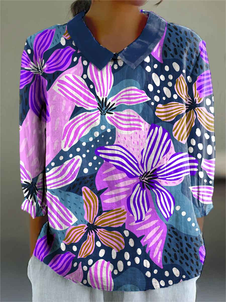 Women's Abstract Floral Pattern Print Casual Cotton And Linen 3/4 Sleeve Shirt