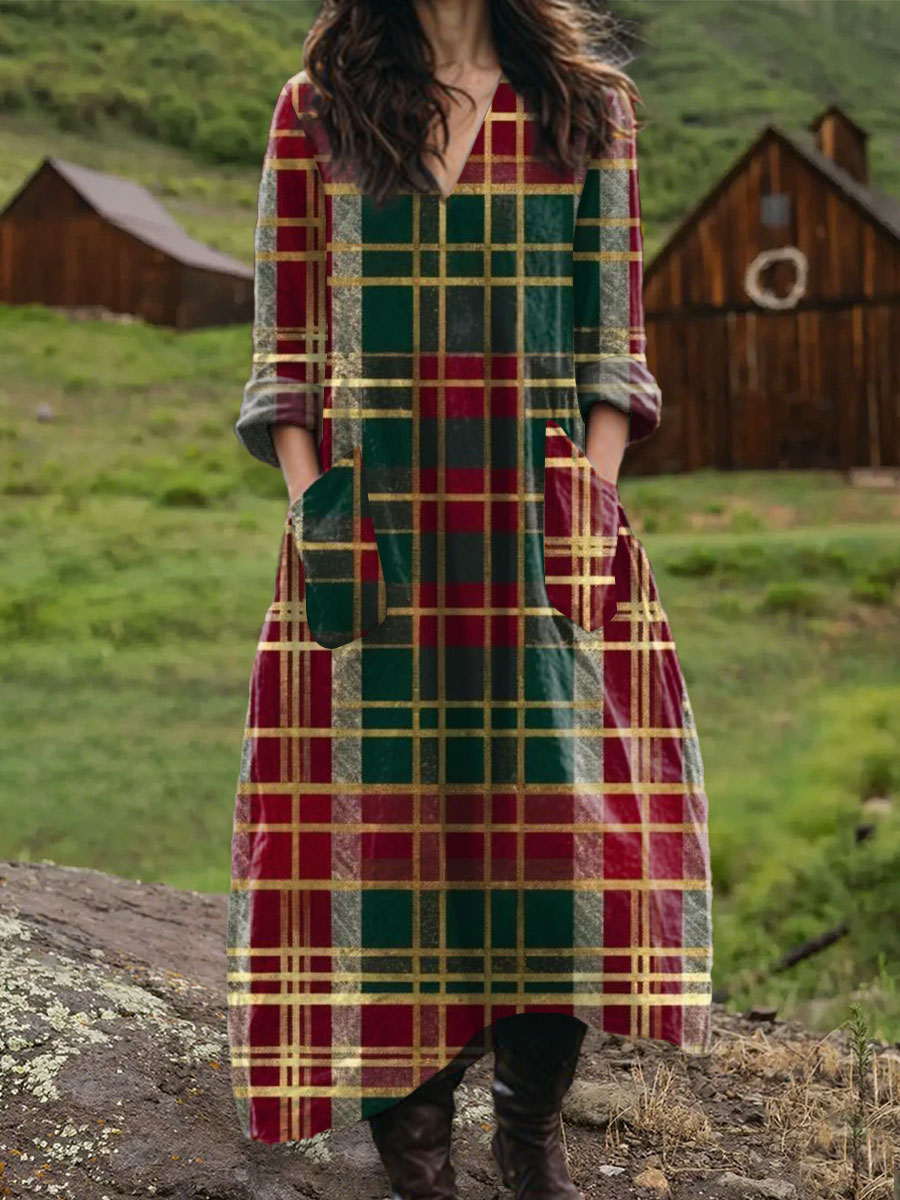 Women's Vintage Christmas Plaid Art Print Pocket V-neck Cotton Dress