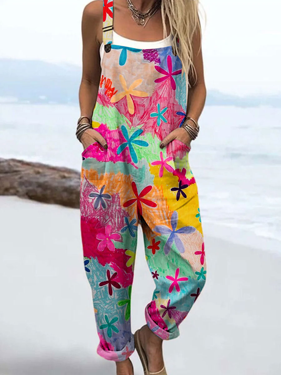 Women's Vintage Color Block Floral Art Print Casual 100% Cotton Wide Leg Jumpsuit