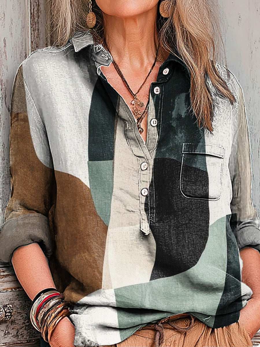 Women's Abstract Colorful Geometric Stripes Painting Art Print Casual Cotton And Linen Shirt