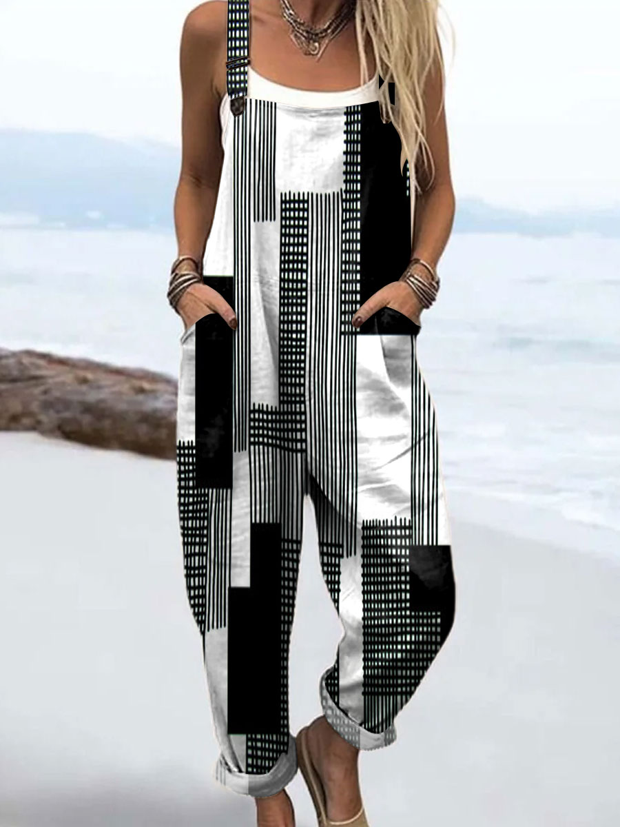 Women's Abstract Black White Stripes Art Print Casual 100% Cotton Wide Leg Jumpsuit