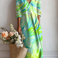 Women's Color Splicing Print Linen Pocket Dress
