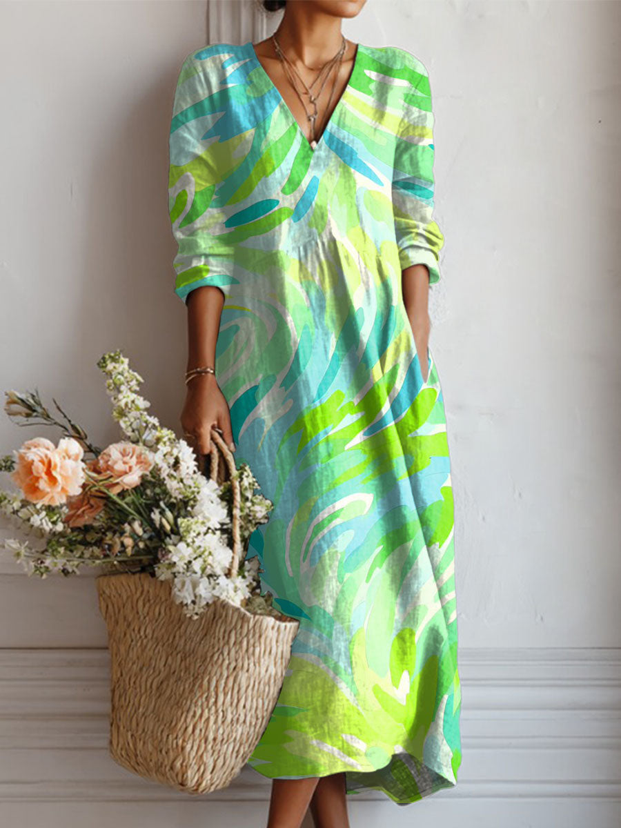 Women's Color Splicing Print Linen Pocket Dress