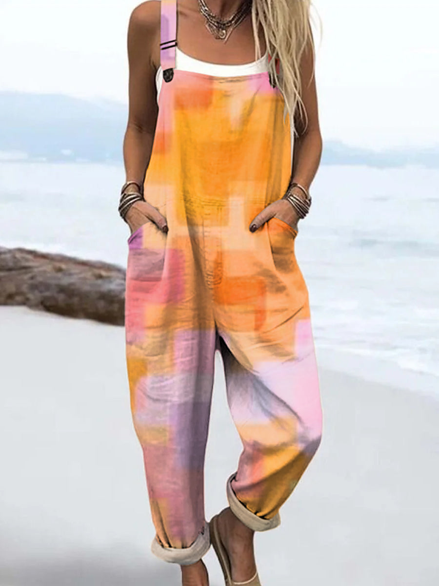 Women's Artistic Puzzle Geometry Print Casual 100% Cotton Wide Leg Jumpsuit