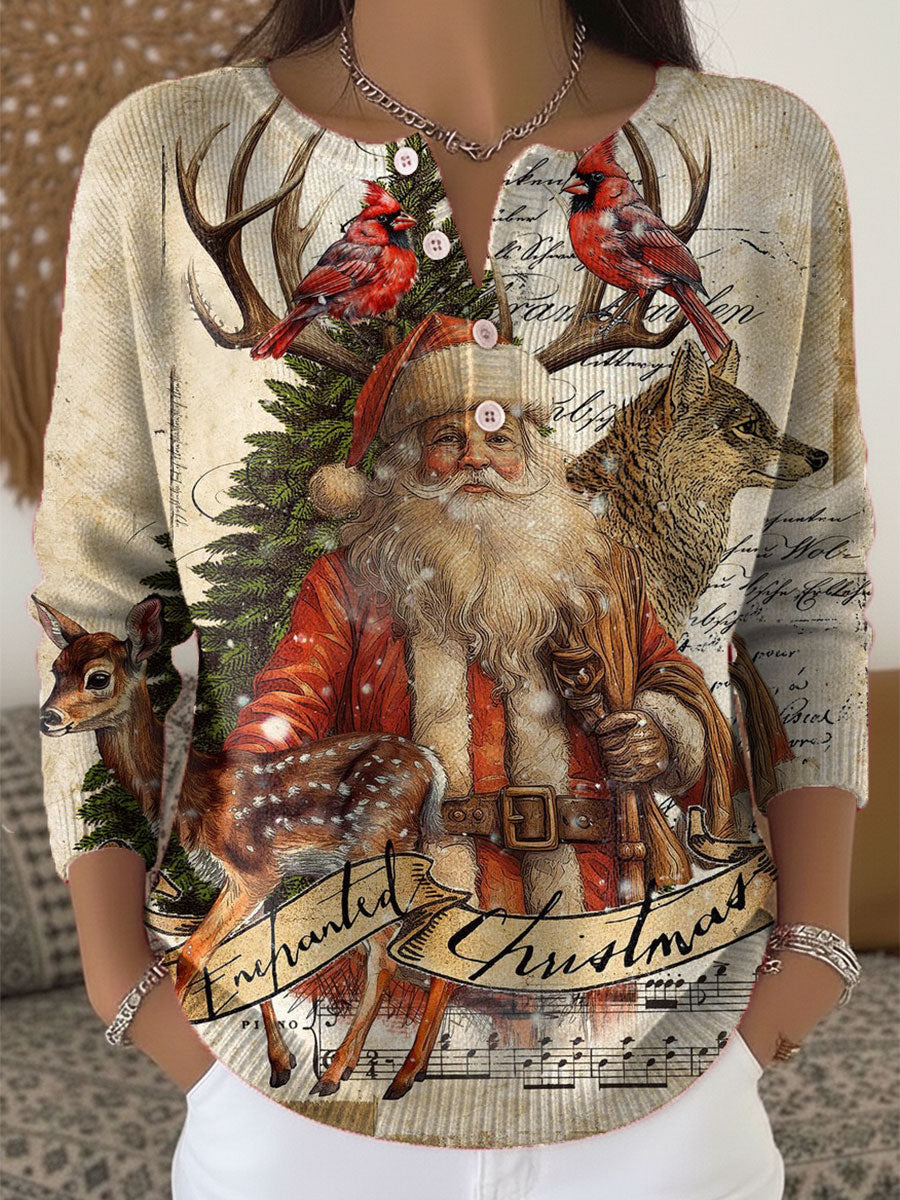 Vintage Christmas Art Print Buttoned Cardigan Sweater