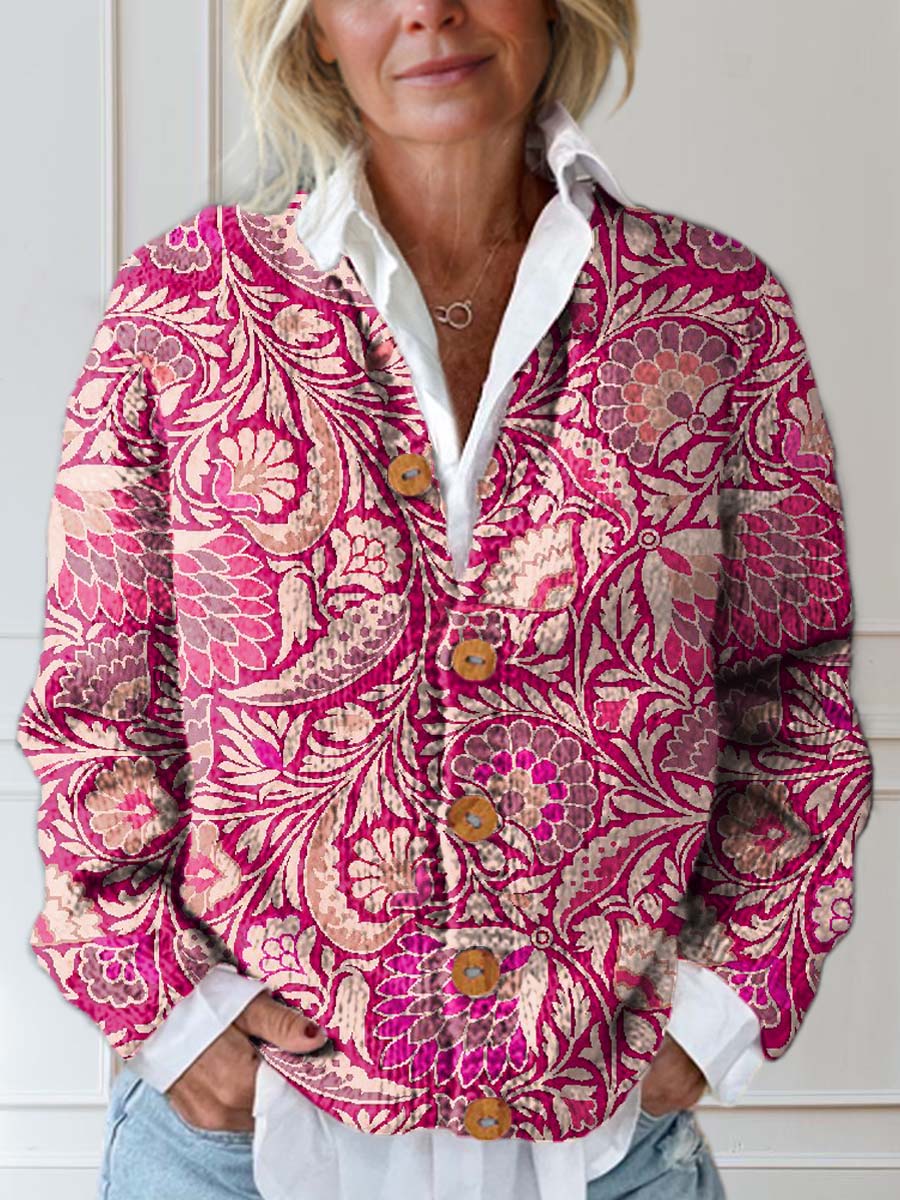 Women's Vintage Floral Art Print Buttoned Cardigan Sweater