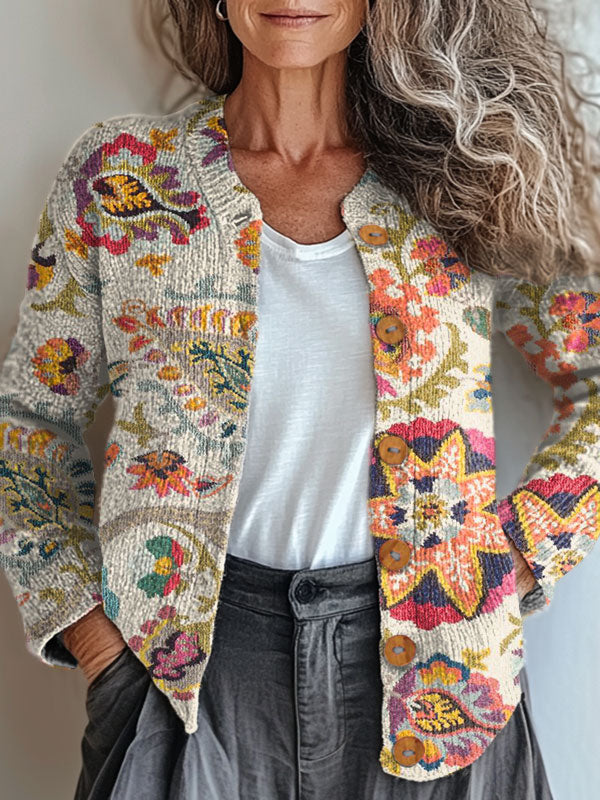 vintage-flower-art-print-buttoned-cardigan-sweater-t3q1