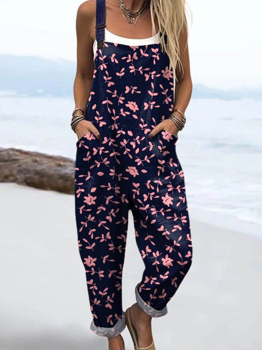 Women's Vintage Floral Art Print Casual 100% Cotton Wide Leg Jumpsuit