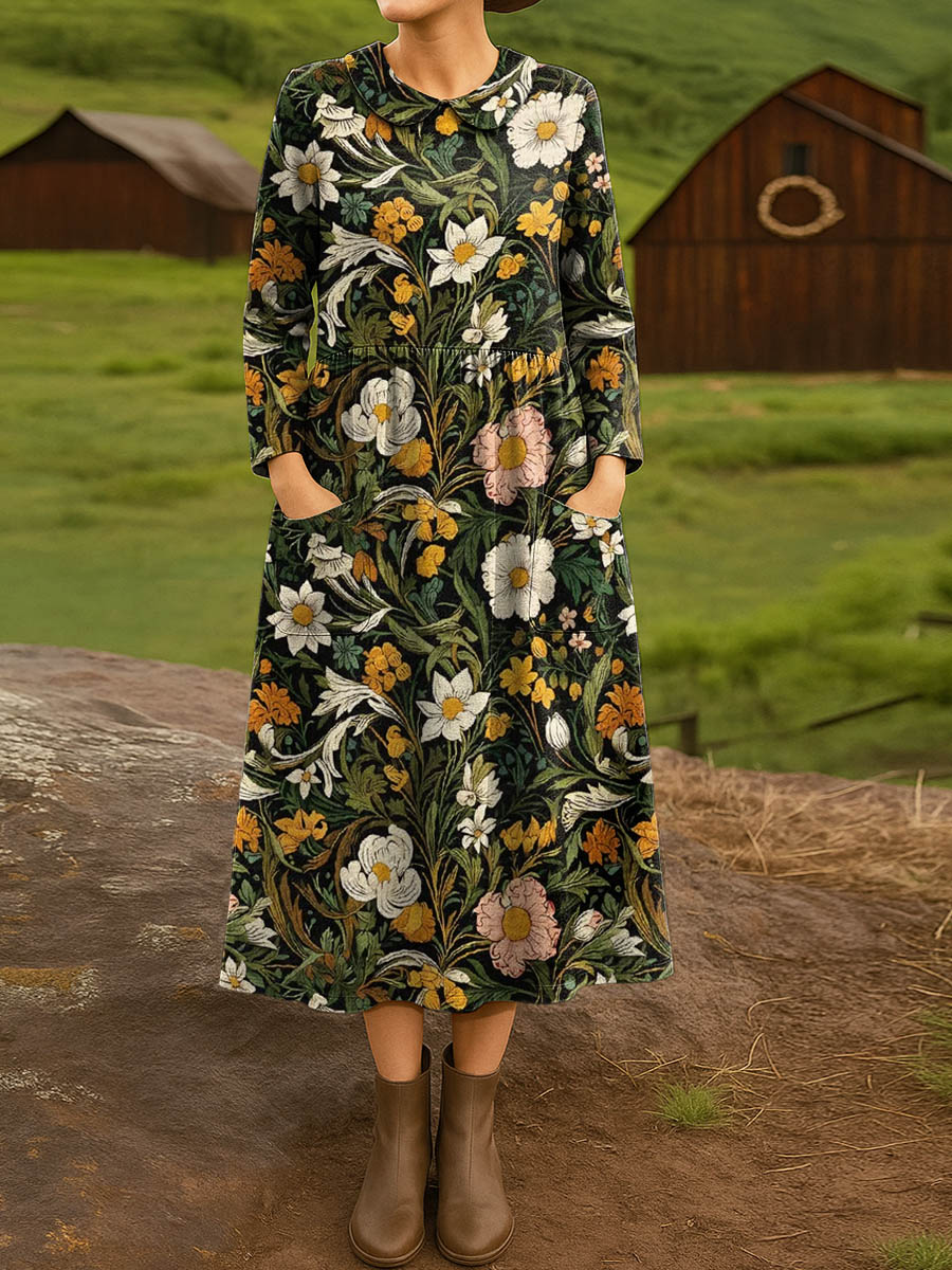 Women's Vintage Floral Art Print Cotton Lapel Shirt Dress