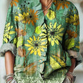 Women's Vintage Large Flower Painting Art Print Casual Cotton And Linen Ruffle Shirt