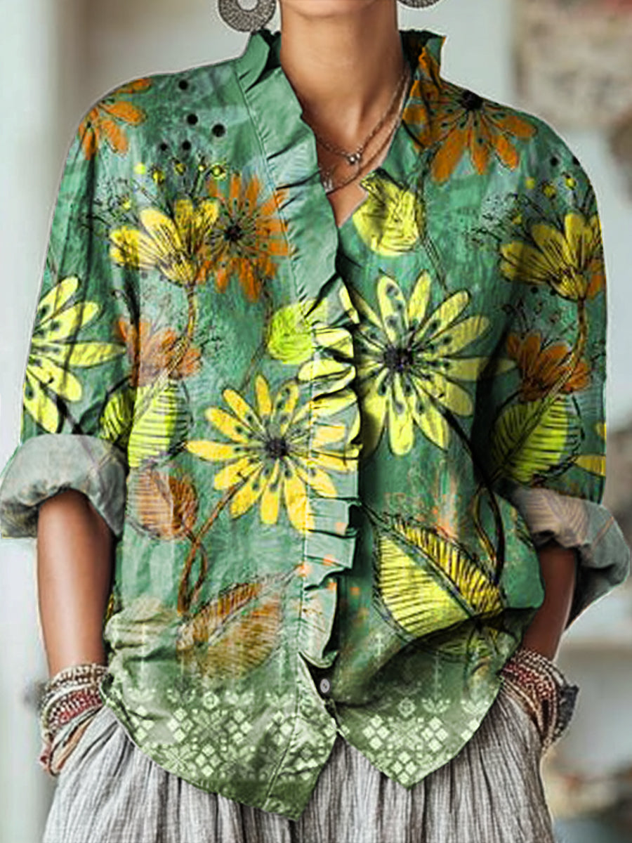 Women's Vintage Large Flower Painting Art Print Casual Cotton And Linen Ruffle Shirt