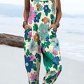 Women's Abstract Cute Flower Art Print Casual 100% Cotton Wide Leg Jumpsuit