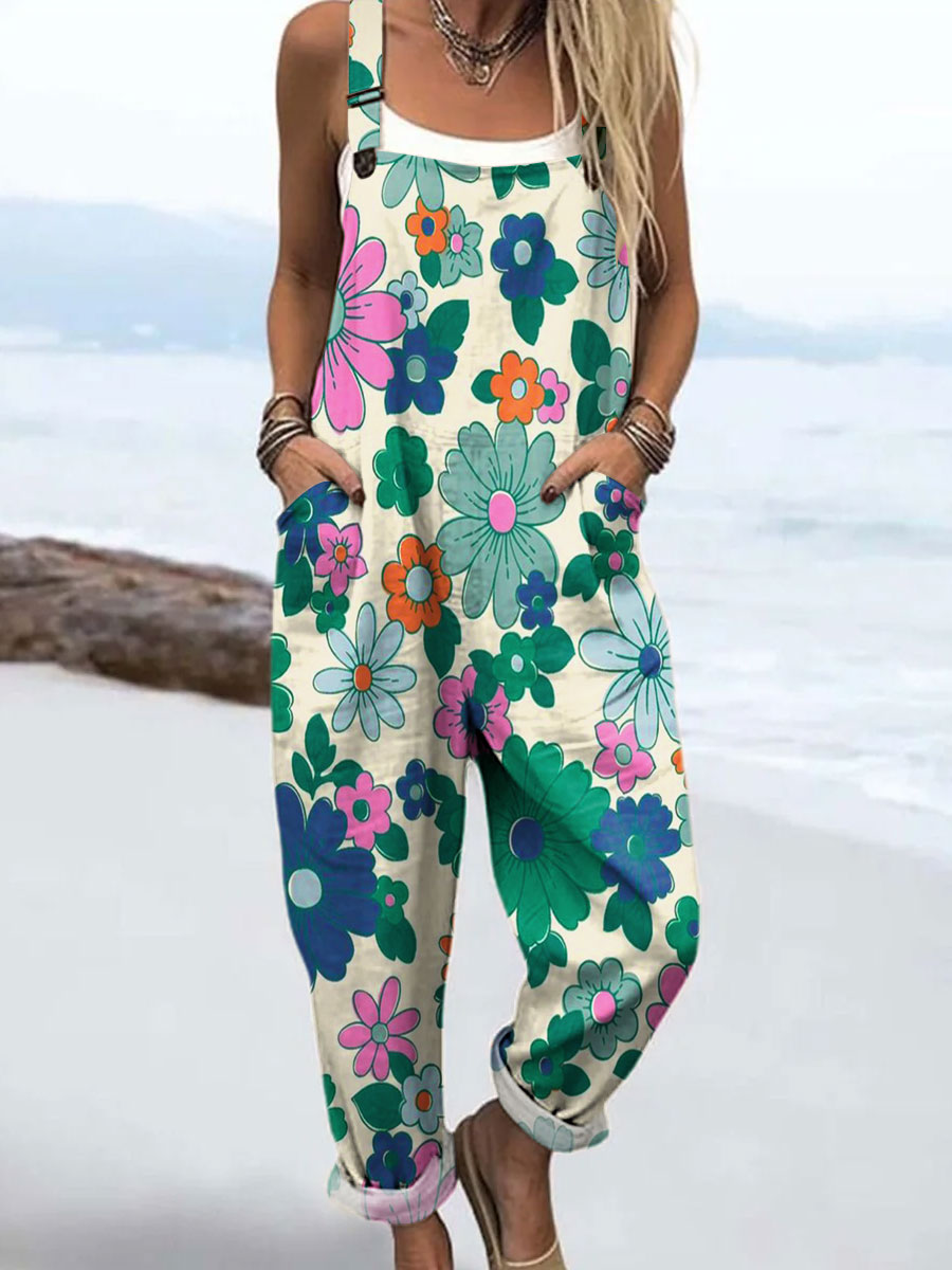 Women's Abstract Cute Flower Art Print Casual 100% Cotton Wide Leg Jumpsuit