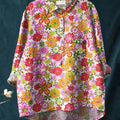 Women's  Hippie Floral Art Print Casual Cotton And Linen Shirt