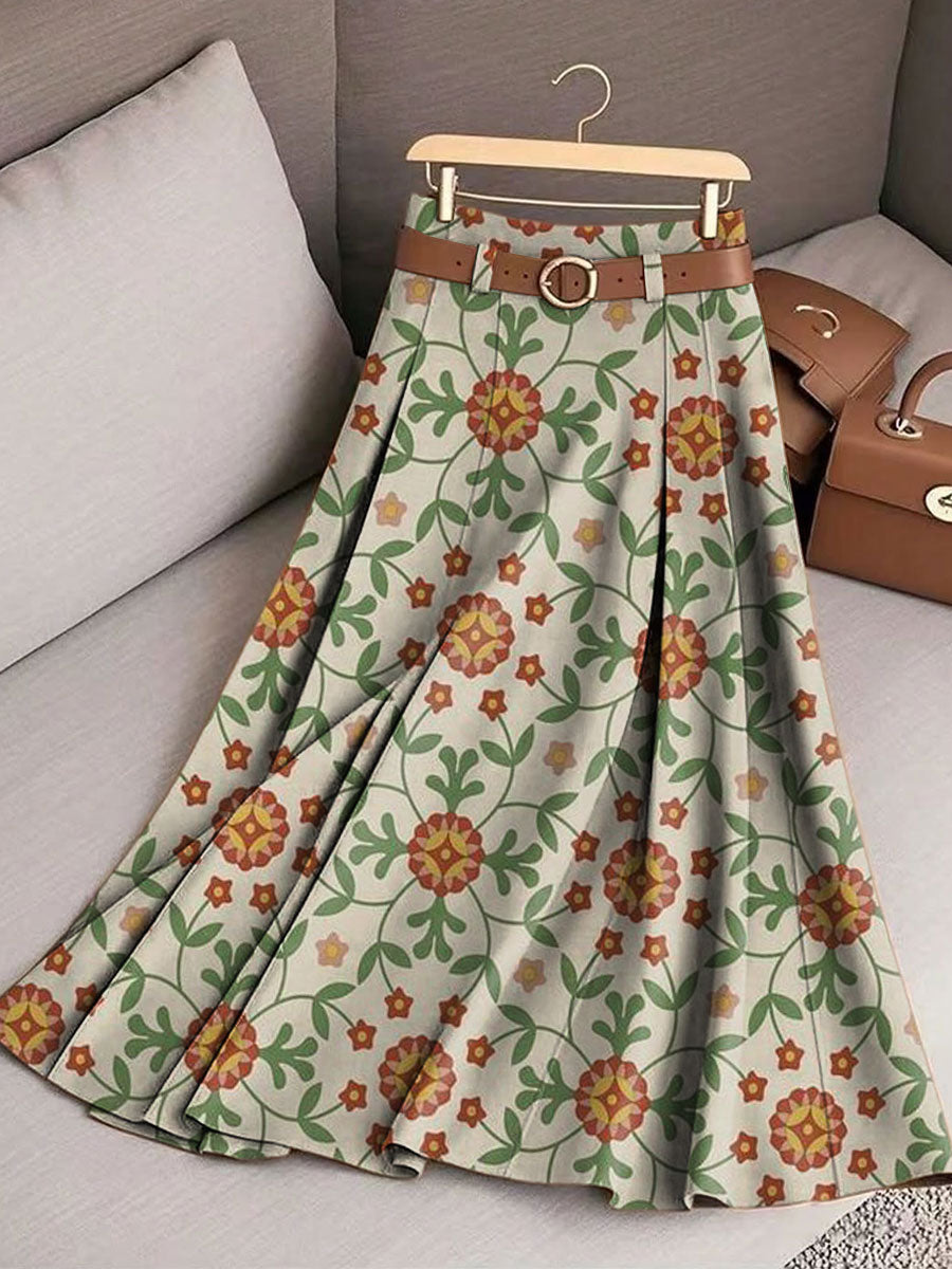 Women's Retro Flowers Pattern Casual Print Cotton Skirt
