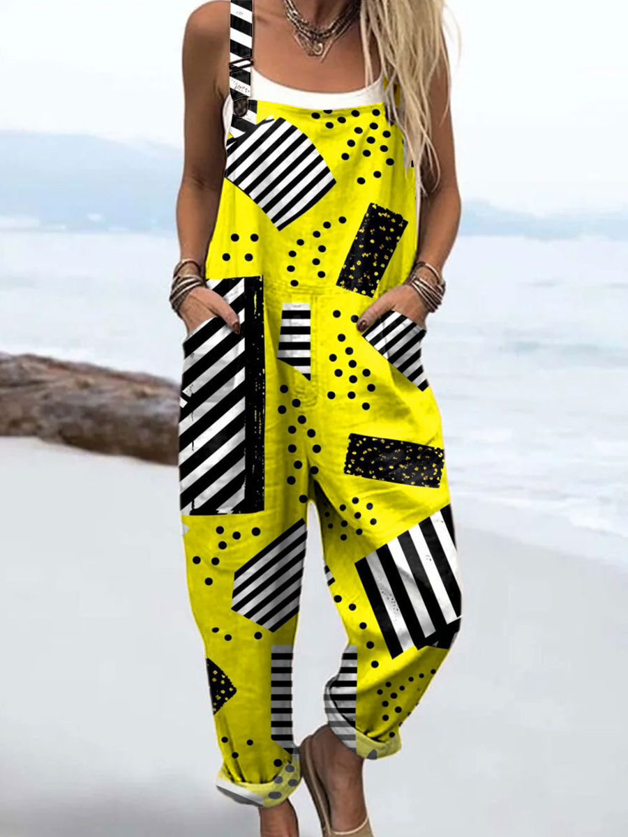 Women's Fashion Color Block Geometric Art Print Casual 100% Cotton Wide Leg Jumpsuit