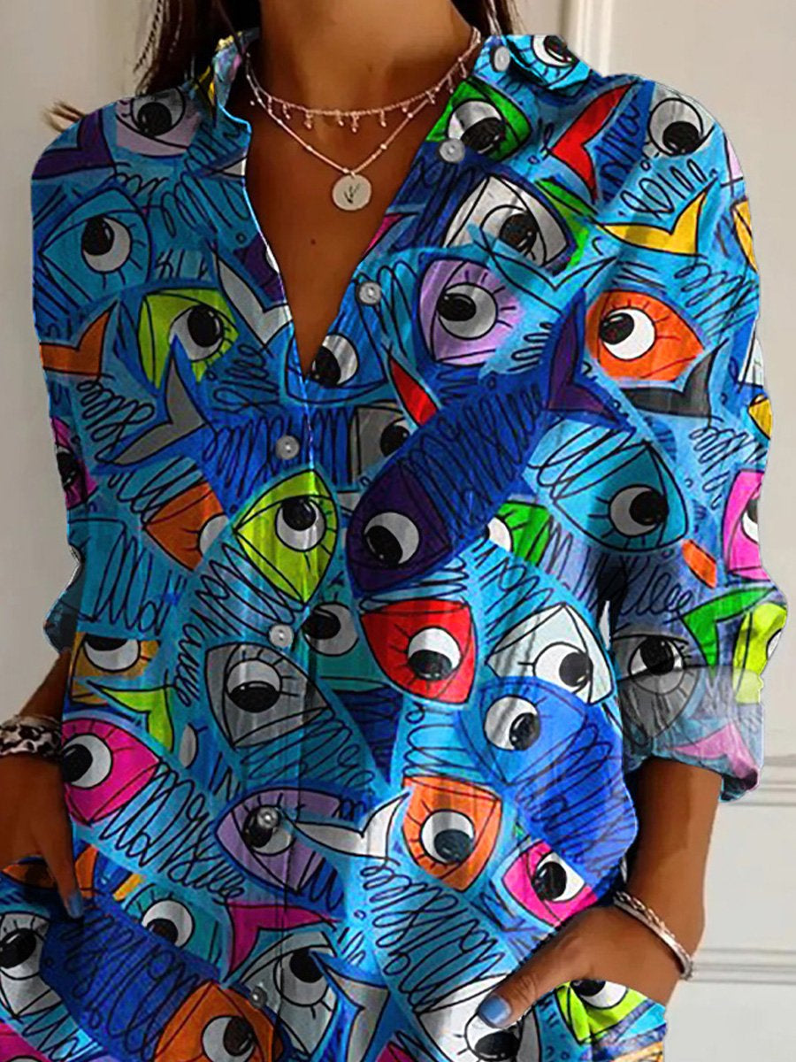 Hand Drawing Style Fish Pattern Printed Women's Casual Cotton Shirt