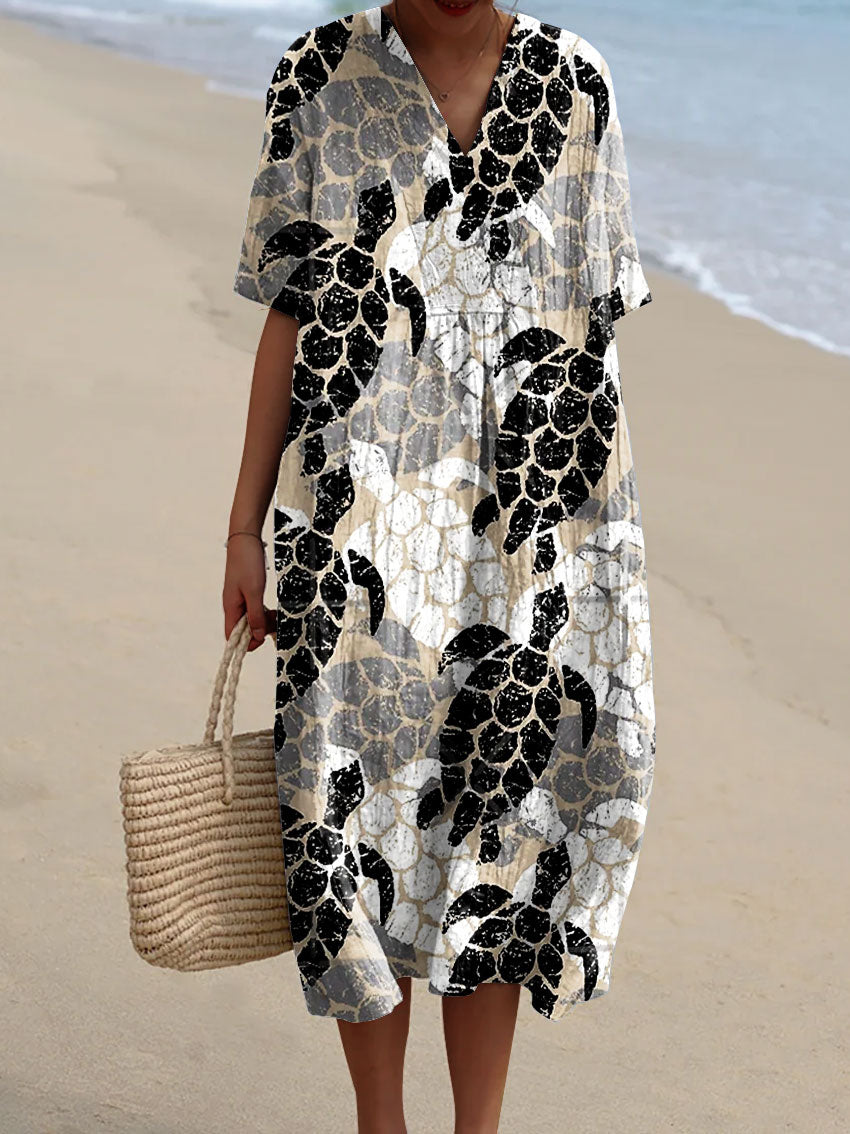 Women's Vintage Ocean Turtle Art Print Flowy Dress