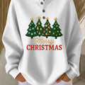 Women's Vintage Christmas Tree Art Print Casual Waffle Henry Collar Sweatshirt
