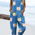 Women's Funny Cats Pattern Art Print Casual 100% Cotton Wide Leg Jumpsuit
