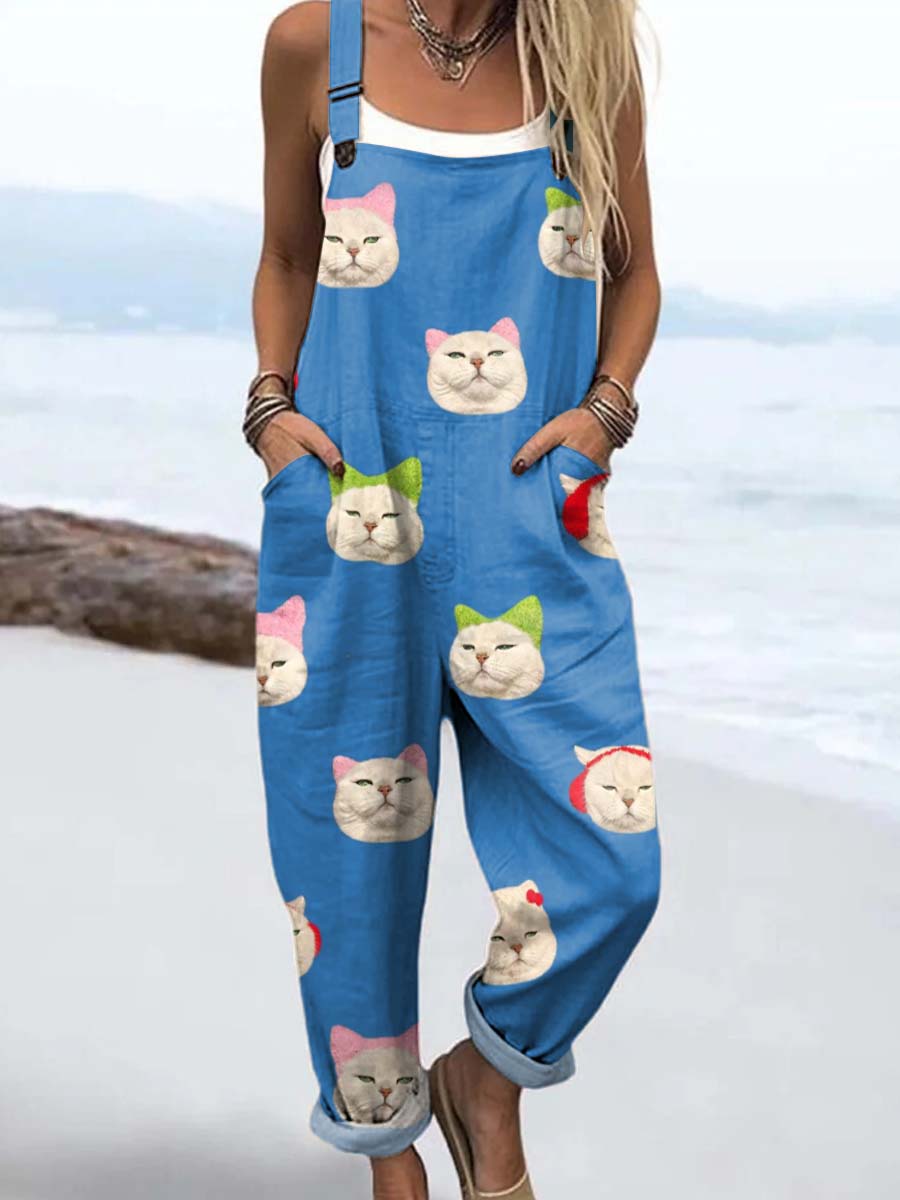 Women's Funny Cats Pattern Art Print Casual 100% Cotton Wide Leg Jumpsuit