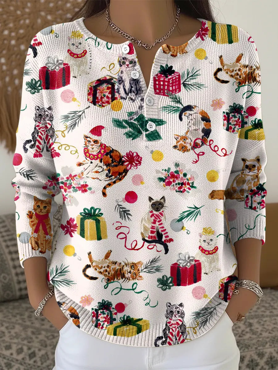 Cute Christmas-themed Cat Print Buttoned Cardigan Sweater
