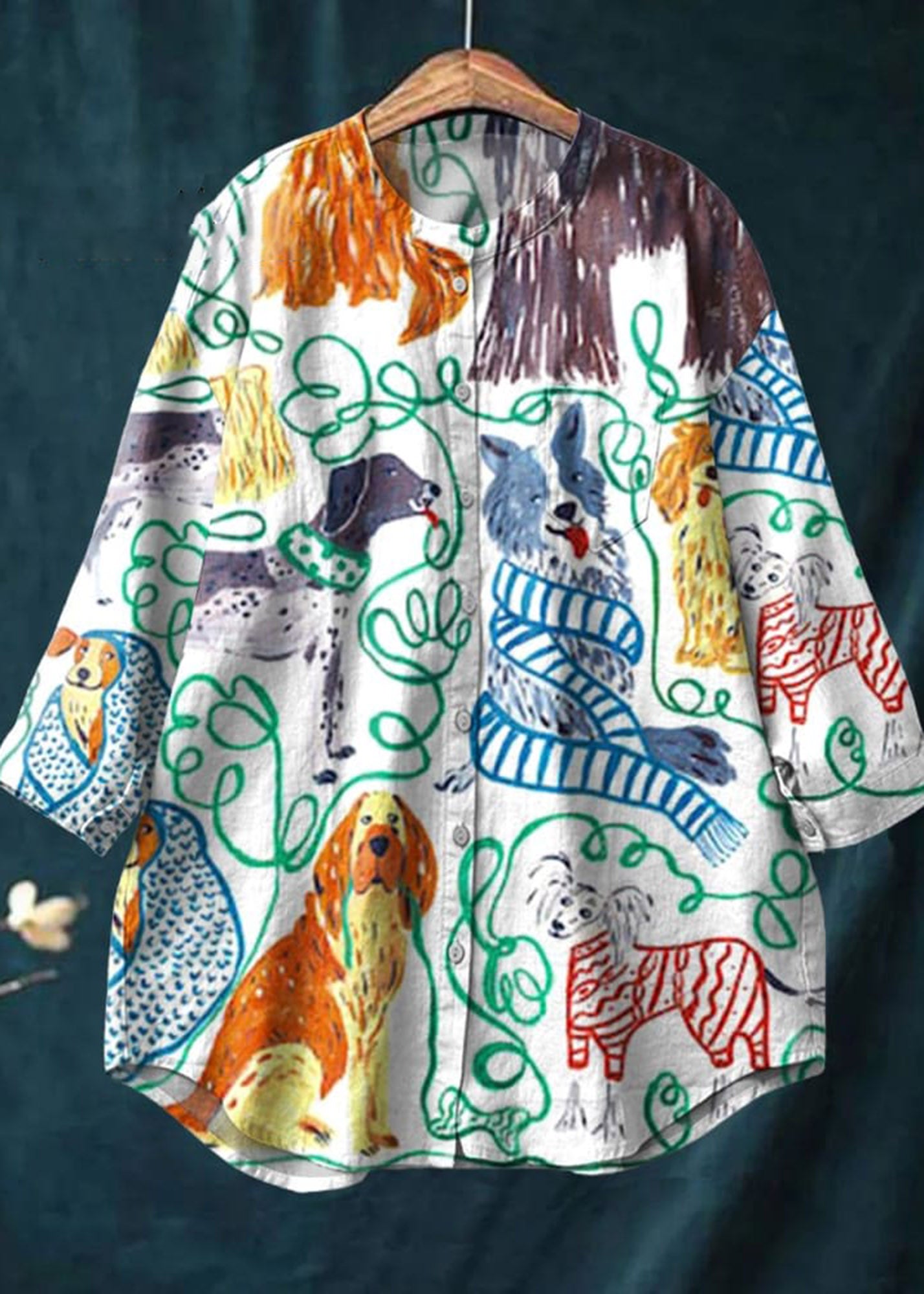 Women's Dog Art  Print Casual Cotton And Linen Shirt