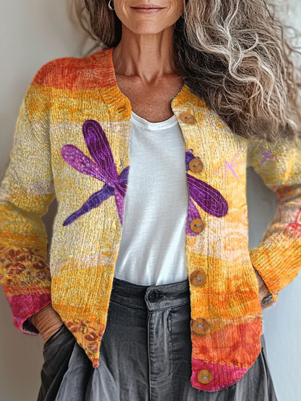 vintage-colorful-dragonfly-art-print-buttoned-cardigan-sweater