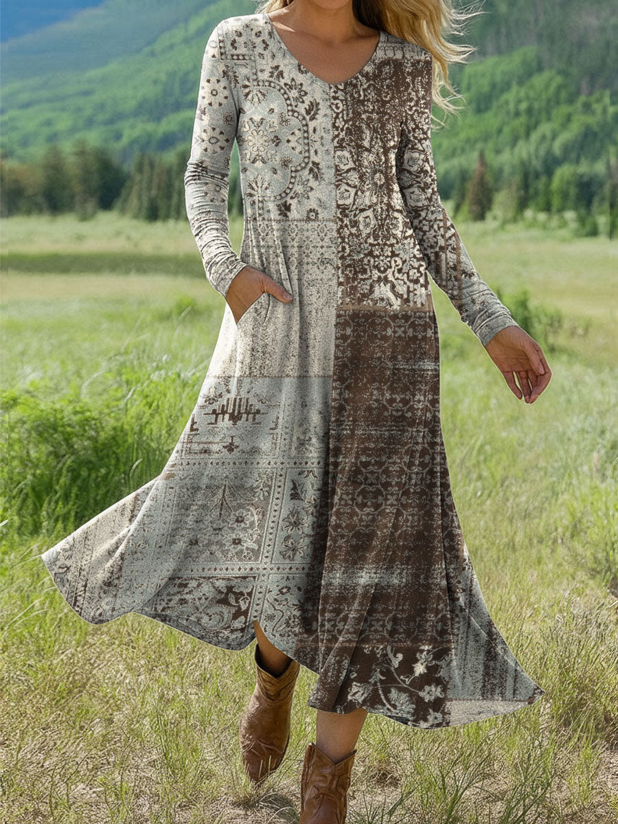 Women's Splicing Floral Print Art Print Long-sleeved Dress