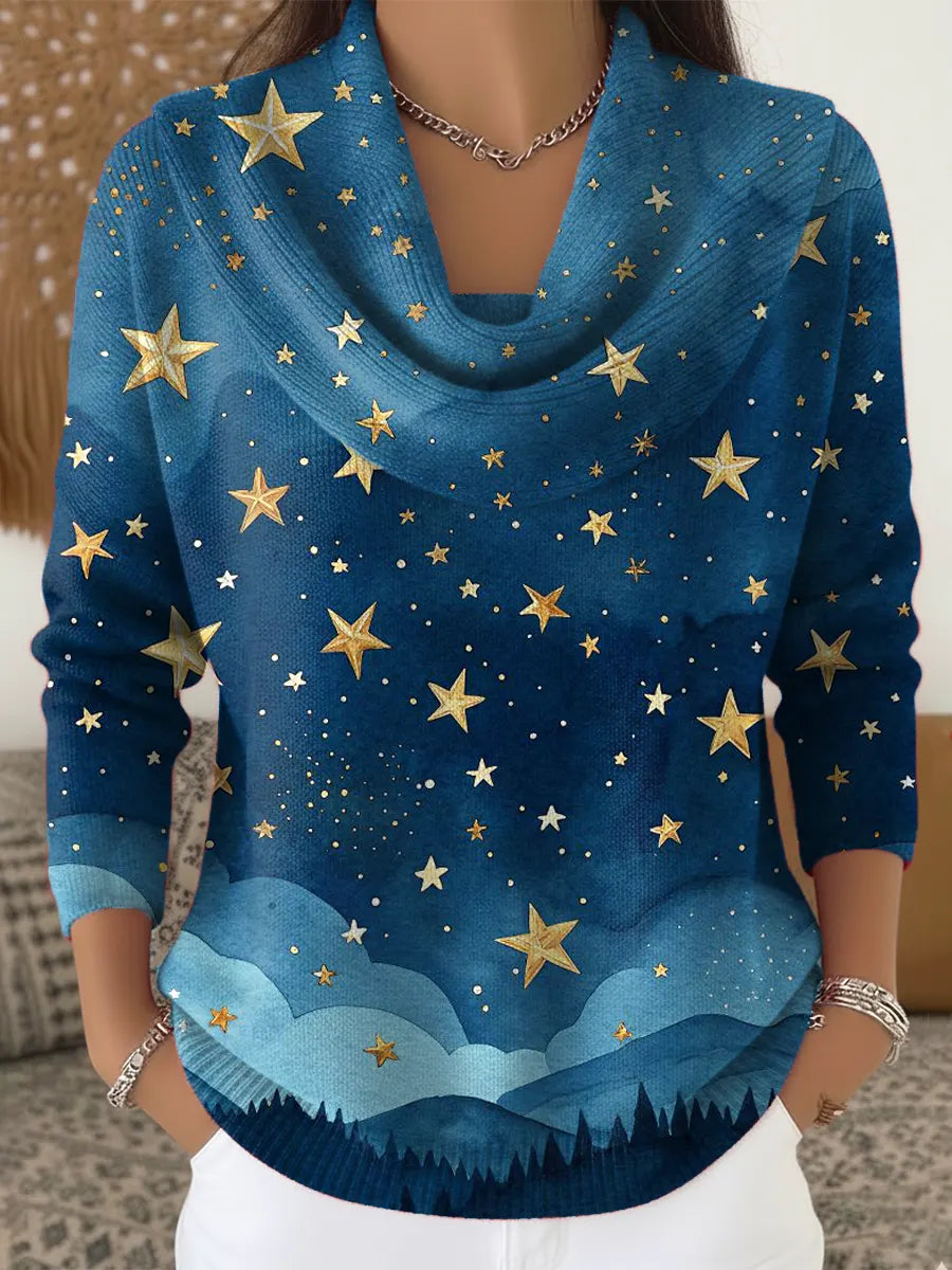Women's Stars Pattern Art Print Cowl Neck Sweater