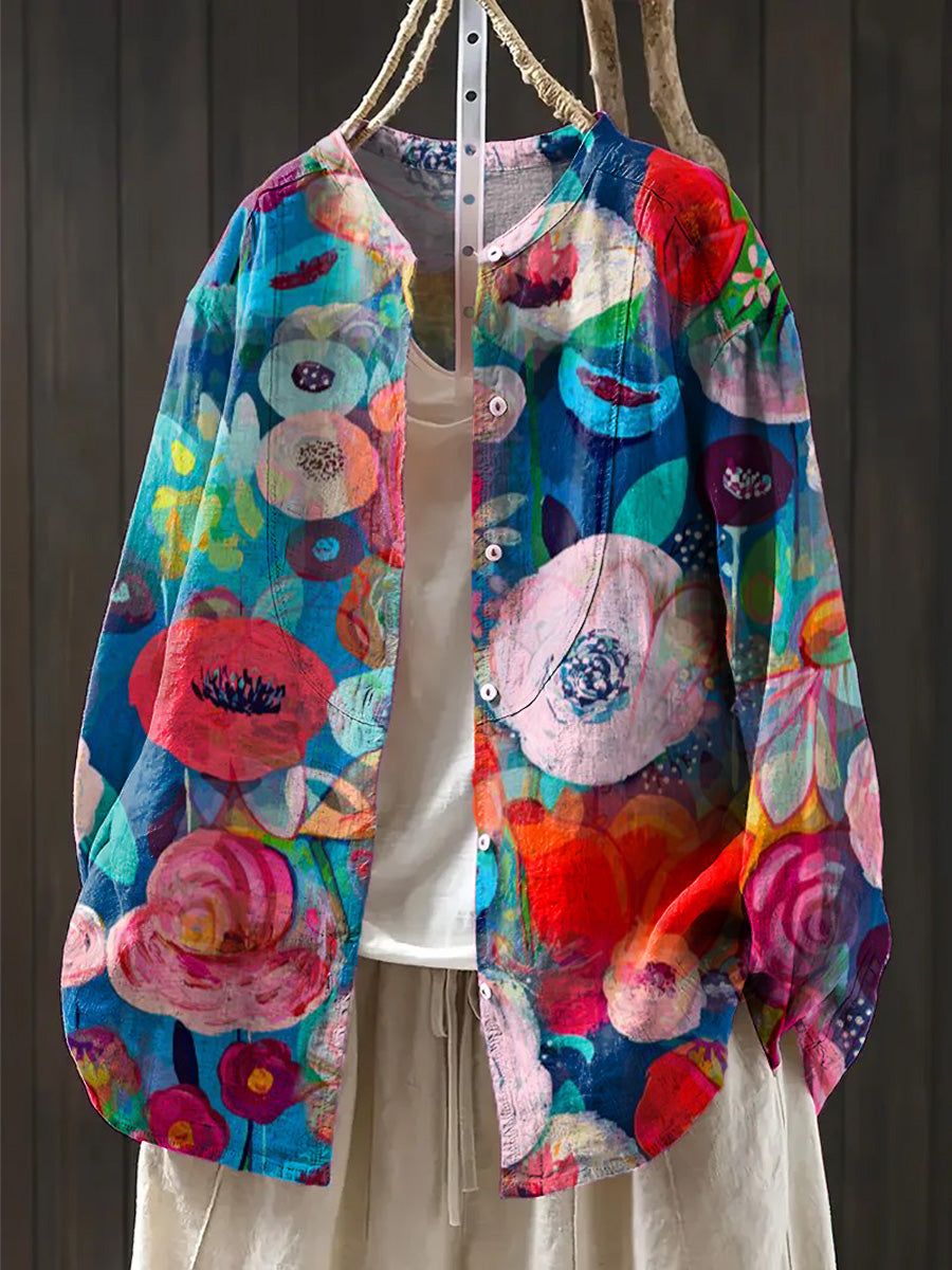 Women's Abstract Large Flower Painting Art Print Casual Cotton And Linen Ruffle Shirt