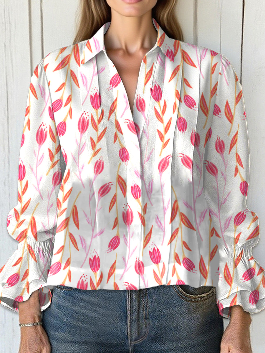 Women's  Vintage Flower Art Print Casual  Cotton And Linen Shirt