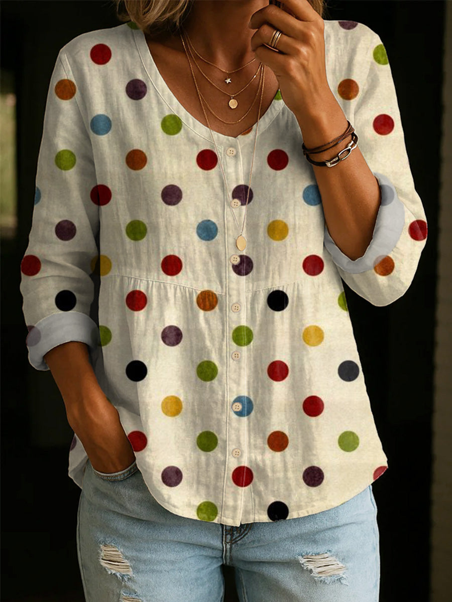 Artistic Polka Dot Print Cotton Shirt-Women's Elegant, Casual, Soft Cotton Top