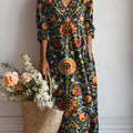 Women's Vintage Flower Art Print Linen Pocket Dress