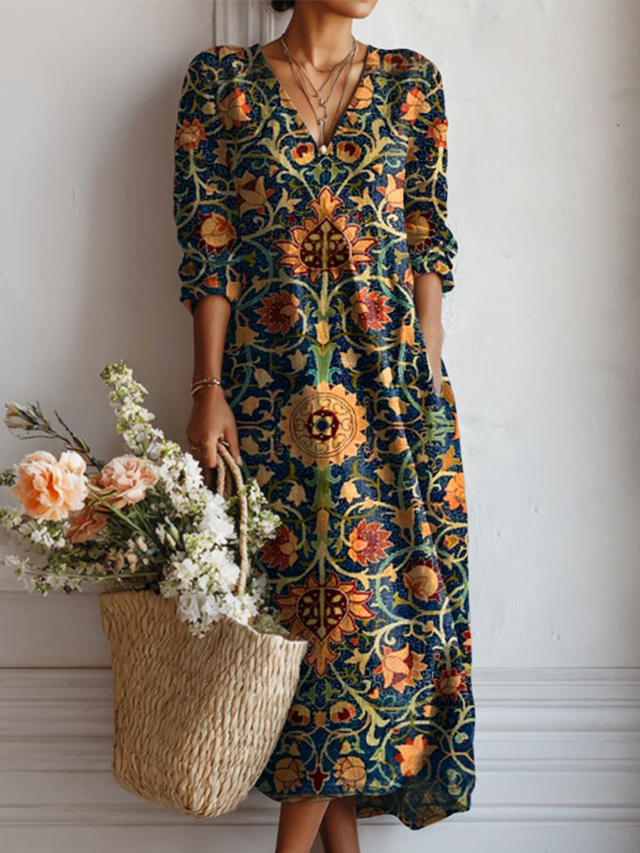 Women's Vintage Flower Art Print Linen Pocket Dress