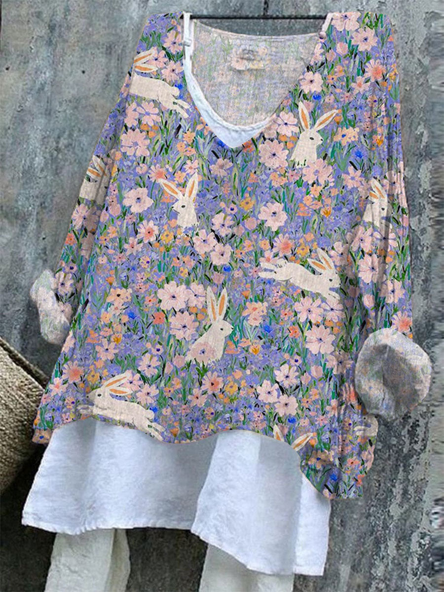 Women's   Easter Bunny Art Print Casual Cotton And Linen Shirt