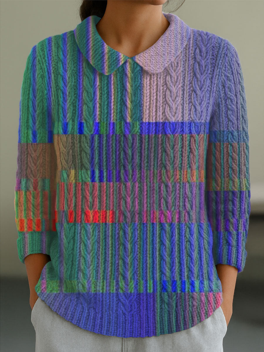 Women's Vintage Abstract Geometric Art Print Casual Peter Pan Collar 3/4 Sleeve Sweater