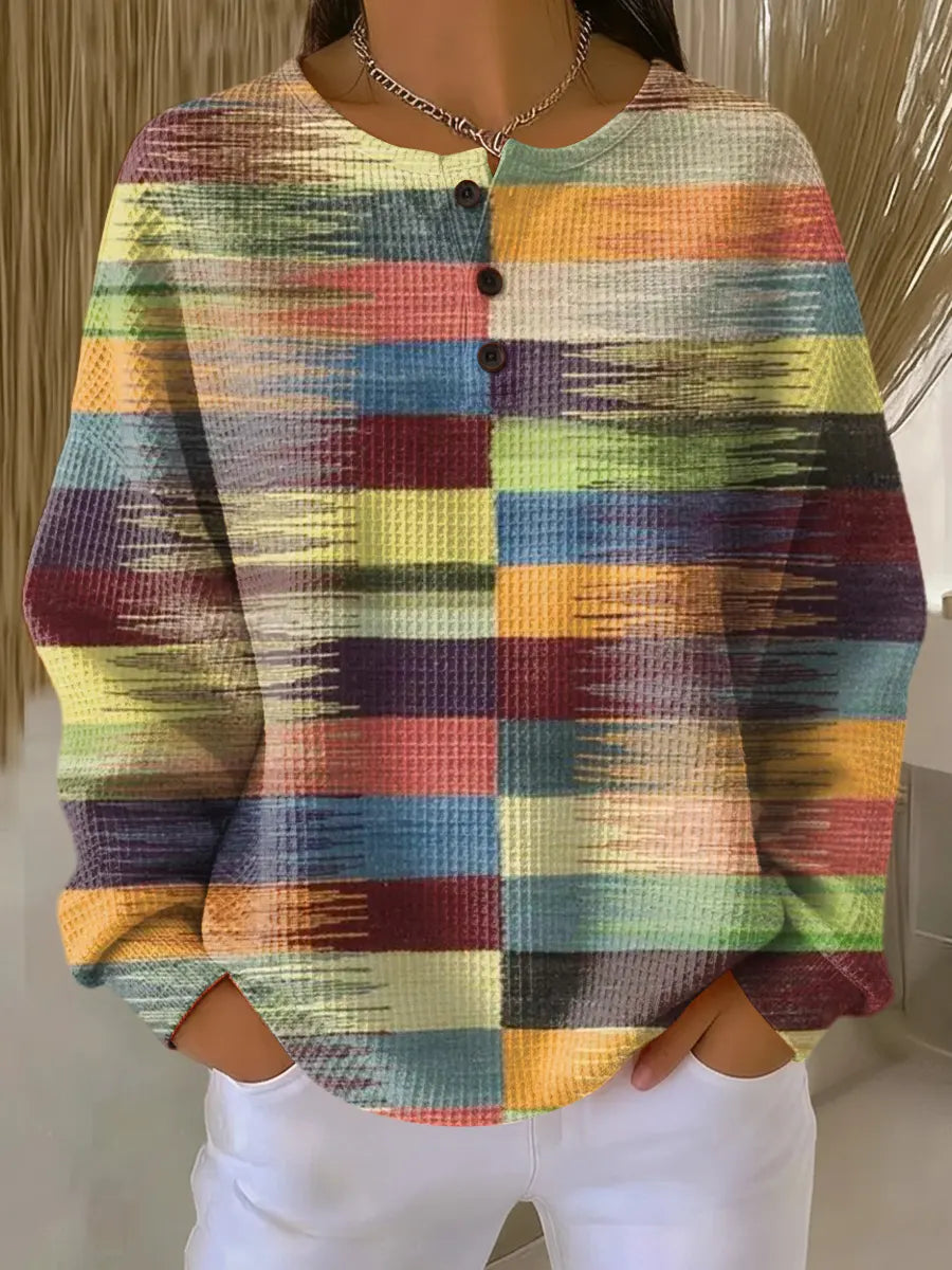 Women's Colorful Abstract Geometric Stripes Painting Art Print Casual Cotton Shirt